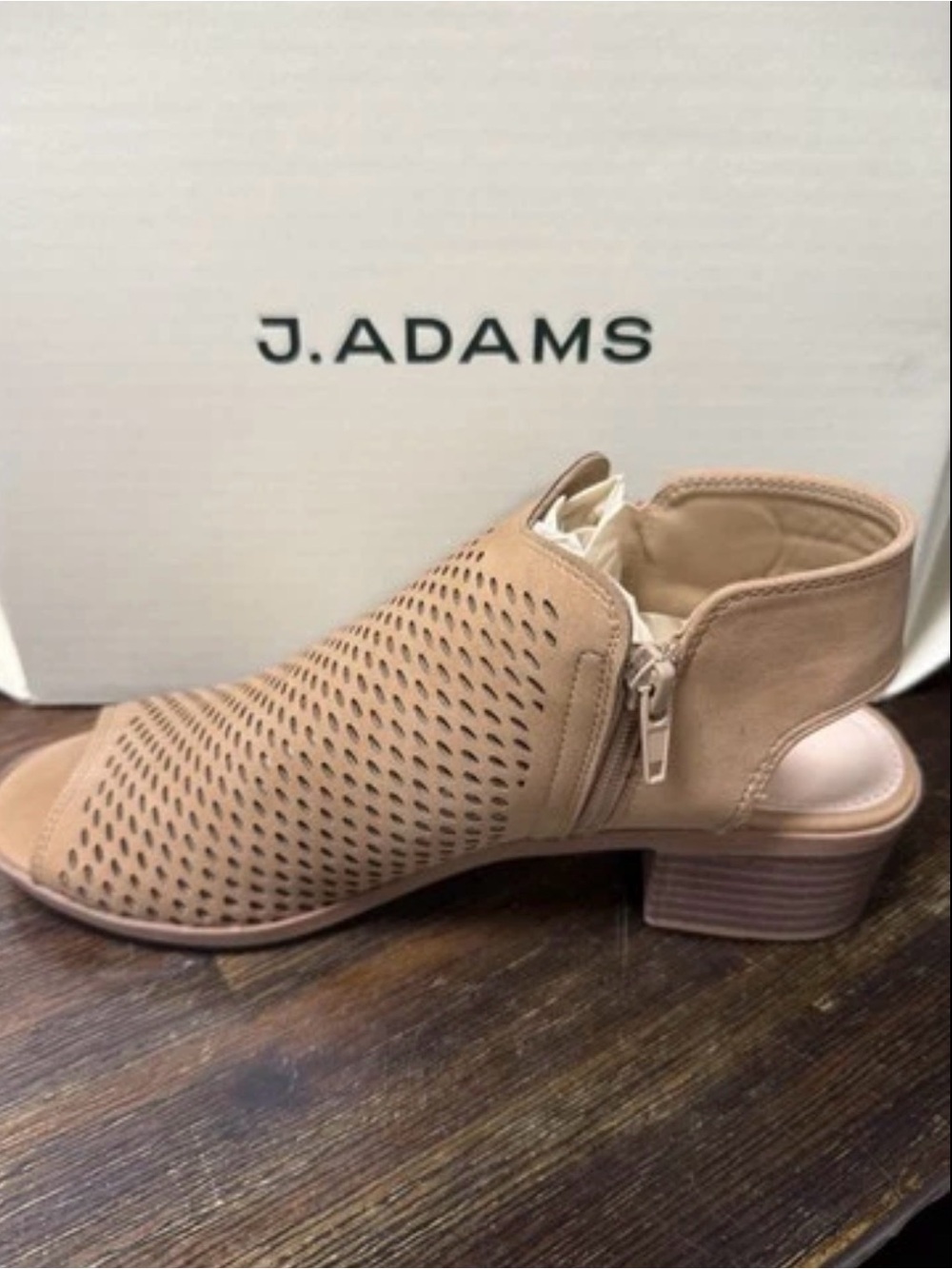 J. Adams Tan Perforated Open-Toe Zip-Back Block Heel Mule